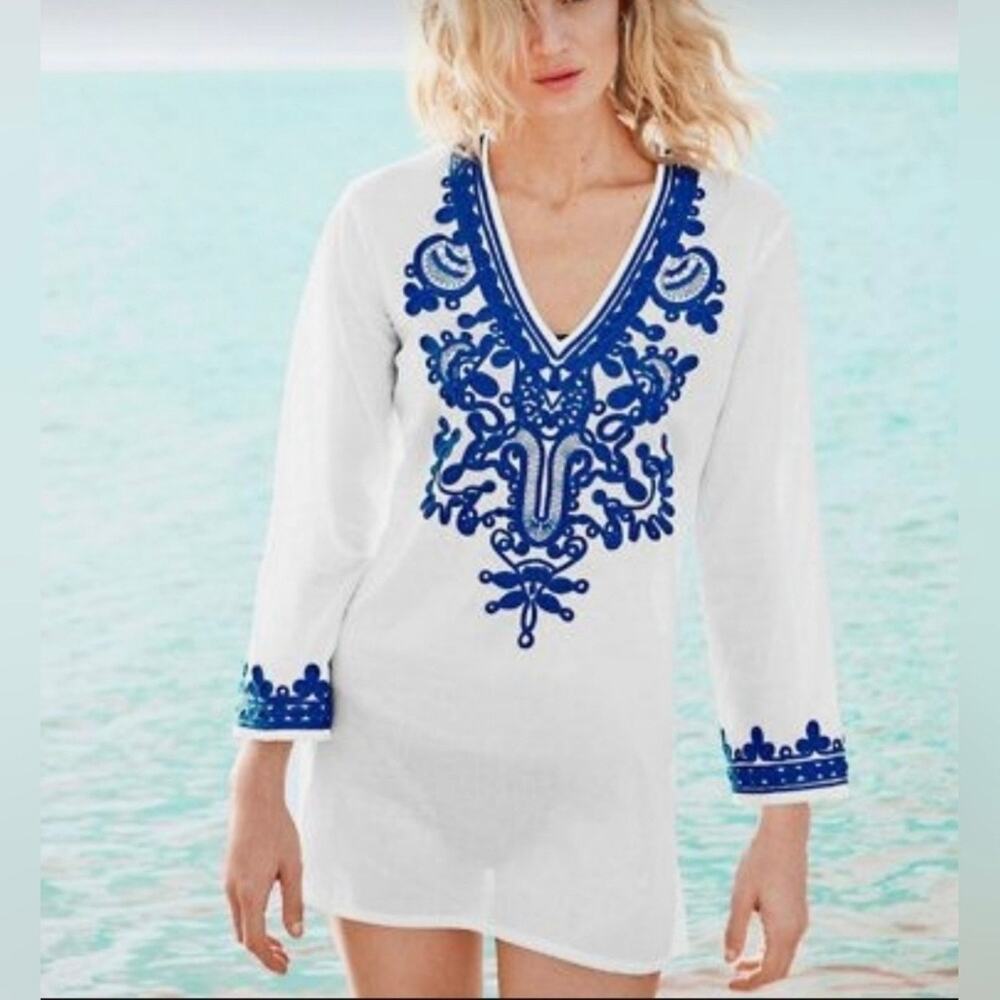 La Blanca White and Blue Soutache Embroidered V-Neck Swim Cover-Up Tunic SM